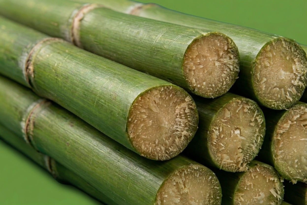 Close-up of cut green sugar cane stalks showing juicy fibrous core, fresh sugarcane Toronto GTA delivery